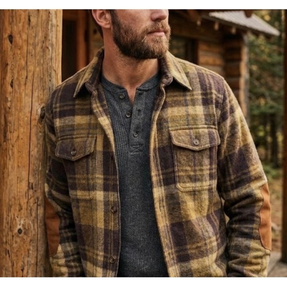Marled Reunited Clothing Mens Plaid Flannel Shirt Jacket Elbow Patches Brown M - Picture 1 of 10